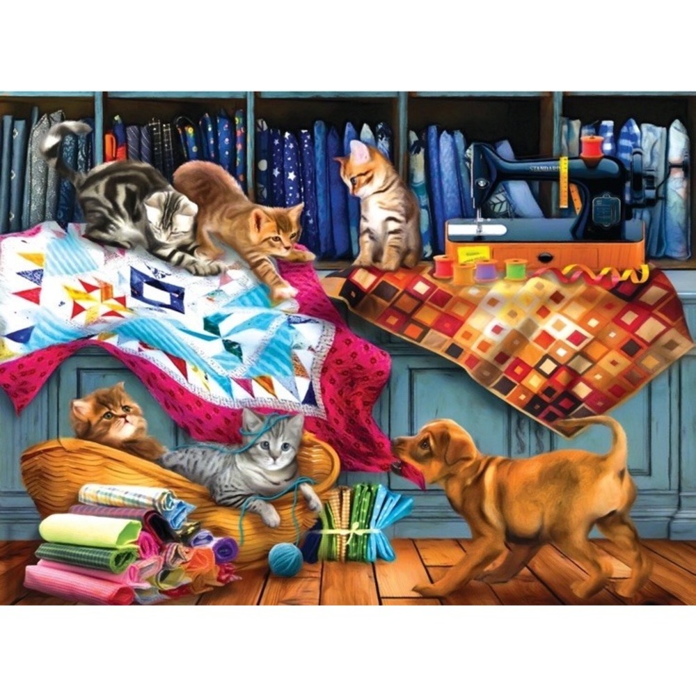 QUILTING ROOM MISCHIEF by TOM WOOD - SunsOut 1000 piece puzzle  Cat Kitten